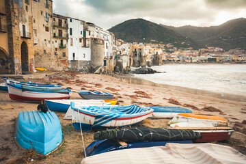 Fototapeta na wymiar Cefalu old town from the beach, Sicily, Italy