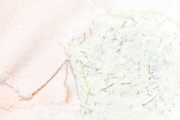Simple handmade paper organic artsy background texture. Different pieces of rough textured thick...