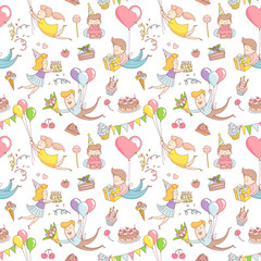 Happy birthday party greeting seamless pattern funny people characters flying with baloons, presents, flowers, cake, cupcakes, sweets. Line flat design kid's style