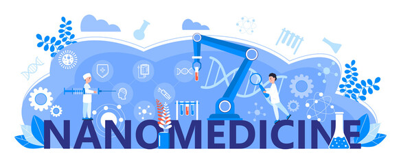 Nanomedicine concept vector. Scientists, doctors work in lab. Nanotechnology header illustration. Robotic hand helps in research. Nano innovations scientific progress banner for website, landing page.