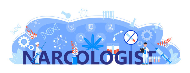 Fototapeta na wymiar Narcologist concept vector for landing page. Tiny doctors treat human against drug, tobacco addiction. Narcology illustration for header web. Psychiatrists helps patient, give mental health advice.