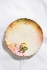 Top view of a flower in a plate in voile fabric background 