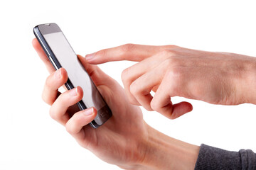 Tapping on something on a blank empty smartphone screen. Hand holding mobile phone, pointing finger...