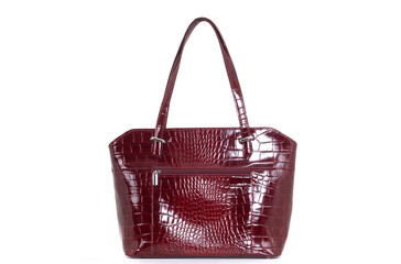 women's red leather bag on the back isolated on a white background
