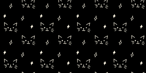 Hand drawn black and white cat faces shiny glisten icon seamless background for textile wallpaper fabric design. Ink drawing cute texture.