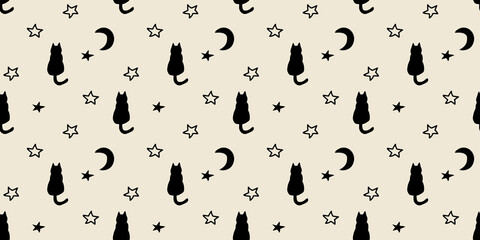 Hand drawn black and white cat star moon celestial night seamless background for textile wallpaper fabric design. Halloween animal dark gothic cute design.