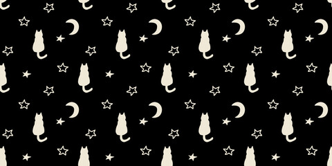 Hand drawn black and white cat star moon celestial night seamless background for textile wallpaper fabric design. Halloween animal dark gothic cute design.
