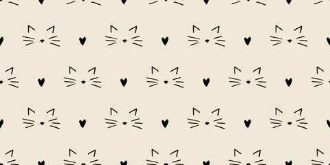 Hand drawn cat faces with heart icon. Cute cartoon animal illustration for cute. Black and white line art with color, simple graphic style.