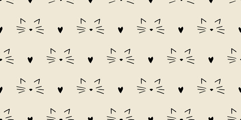 Hand drawn cat faces with heart icon. Cute cartoon animal illustration for cute. Black and white line art with color, simple graphic style.