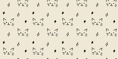 Hand drawn black and white cat faces shiny glisten icon seamless background for textile wallpaper fabric design. Ink drawing cute texture.