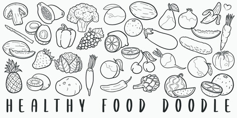 Healthy Food Doodle Line Art Illustration. Hand Drawn Vector Clip Art. Banner Set Logos.