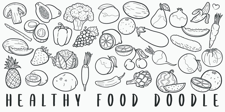 Healthy Food Doodle Line Art Illustration. Hand Drawn Vector Clip Art. Banner Set Logos.