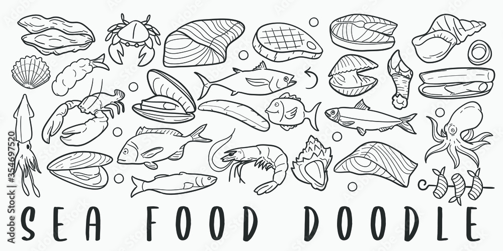 Wall mural sea food doodle line art illustration. hand drawn vector clip art. banner set logos.