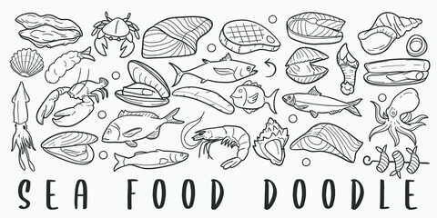 Sea Food Doodle Line Art Illustration. Hand Drawn Vector Clip Art. Banner Set Logos.