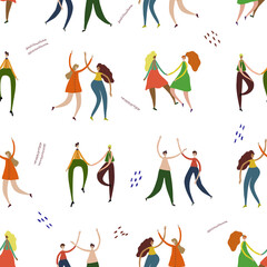 Young dancing people pairs seamless pattern. Happy male and female dancers isolated on white. Smiling men and women characters enjoying dance party. Colorful vector illustration in flat cartoon style
