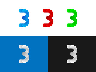 3 number logo design with white, red, green and blue gradient color variation for any kind of brand. Vector, icon, emblem or font. Mixture of dark and light color tone.