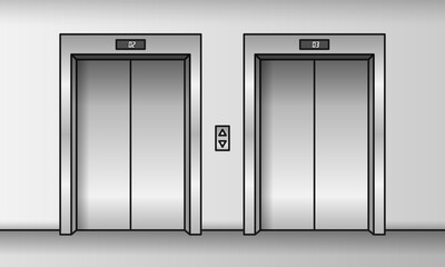 Two cartoon elevators with closed doors line vector illustration.
