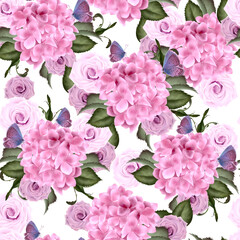 Beautiful colorful pattern with hydrangea and rose flowers, leaves. 