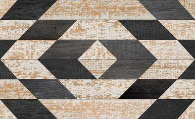 Black and white wooden floor with geometric pattern. Weathered wood texture.