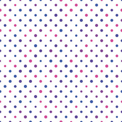 Seamless polka dot pattern. Pink, violet and blue dots in random sizes on white background. Vector illustration