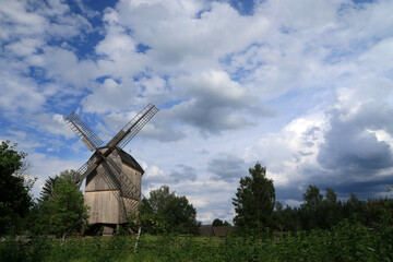Fototapeta premium Old wooden windmill in Wdzydze Kiszewskie, Poland