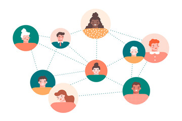 Group of different happy people communicating around the world on white background. Round avatars. Multinational society, social network, connections concept.