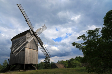 Fototapeta na wymiar Old wooden windmill in Wdzydze Kiszewskie, Poland
