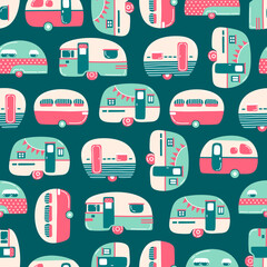 Hand drawn camping trailers, mobile home seamless pattern on blue green background