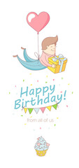 Happy birthday party greeting card invitation funny kid character flying with heart balloon holding present. Line flat design kid's style