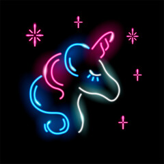 Neon unicorn face icon isolated on black background. Girl, magic, fantasy, child concept for logo, banner. Cute sleeping baby horse and stars. Vector 10 EPS illustration.