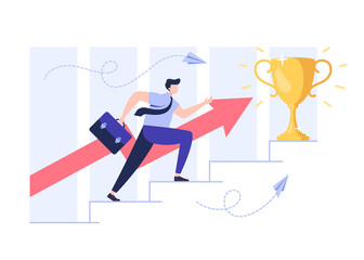 Businessman with motivation runs to his goal. Moves up steps to the target's achievement. Eps10 vector.