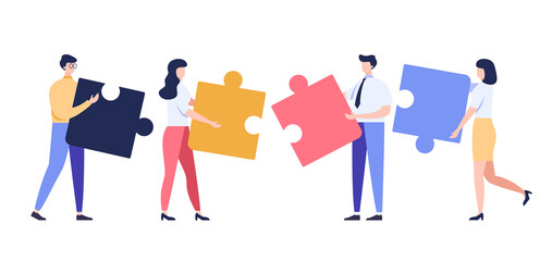 Teamwork metaphor illustration. Flat characters business concept. People connecting puzzle elements. Eps10 vector.