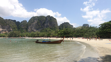 Tropical Rei Leh Beach and popular climbing spot in the Phra Nang Beach of Thailand in Southeast Asia.