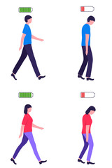 Set with young man and woman exhausted character with low battery red color and with high full level energy battery green. Low battery conceptual illustration. Vector illustration of a flat design.