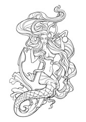 Beautiful mermaid with long wavy hair sitting on anchor. Intricate black line drawing isolated on white background. EPS10 vector illustration