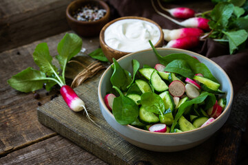 Healthy vegan food. Vegetarian vegetable salad of spinach, radish and fresh cucumber. Copy space.