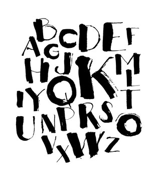 Handwritten calligraphy and lettering grungy font alphabet set of letters. Black and white