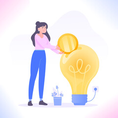 Crowdfunding or sponsoring concept. Young woman standing with coin and investing money in idea or startup, vector illustration