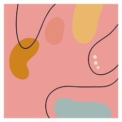 Square background with black line and abstract oval color shapes. Hand drawn various shapes and doodle objects. Modern trendy vector illustration. Delicate pastel colors.Stock illustration.Copy space