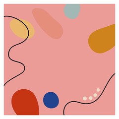 Square background with black line and abstract oval color shapes. Hand drawn various shapes and doodle objects. Modern trendy vector illustration. Delicate pastel colors.Stock illustration.Copy space