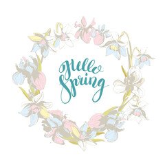 Vector lettering Hello Spring hand drawn floral background flowers frame.
