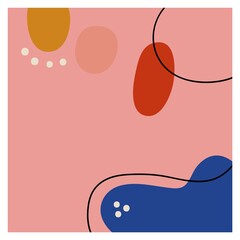 Square background with black line and abstract oval color shapes. Hand drawn various shapes and doodle objects. Modern trendy vector illustration. Delicate pastel colors.Stock illustration.Copy space