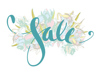 Vector Beautiful Spring lettering Sale hand drawn floral background flowers.