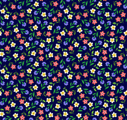 Cute floral pattern in the small flower. Ditsy print. Seamless vector texture. Elegant template for fashion prints. Printing with multicolor small flowers. Dark background.