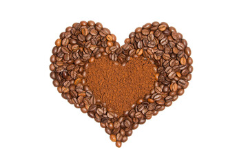 Coffee heart with instant coffee inside isolated on white. Concept Love