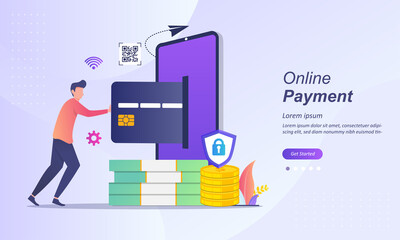Online Payment concept, People character transfer money with atm on smartphone. Suitable for web landing page, ui, mobile app, banner template. Vector Illustration