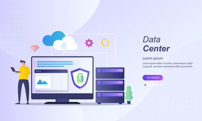 Data Center concept, cloud Computer Connection to server center with people character, Suitable for web landing page, ui, mobile app, banner template. Vector Illustration