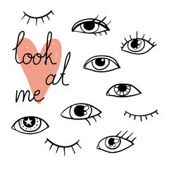 Look at me print. Modern set with hand drawn eyes. Black outline vector eye doodle collection
