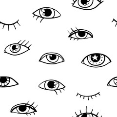Modern seamless pattern with hand drawn eyes. Black outline vector eye doodle seamless pattern