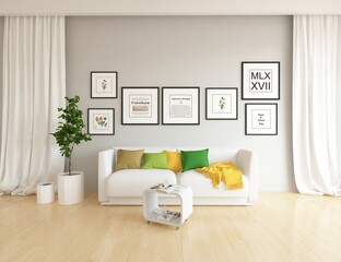 Minimalist room interior with furniture on a wooden floor, decor on a large wall. 3D illustration